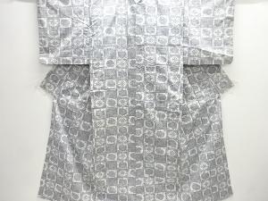 アンティーク　市松に花模様織り出し手織り紬着物